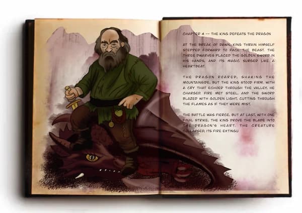 Book spread: The King defeats the dragon