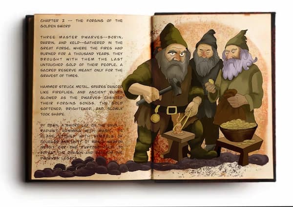 Book spread: Forging the golden sword