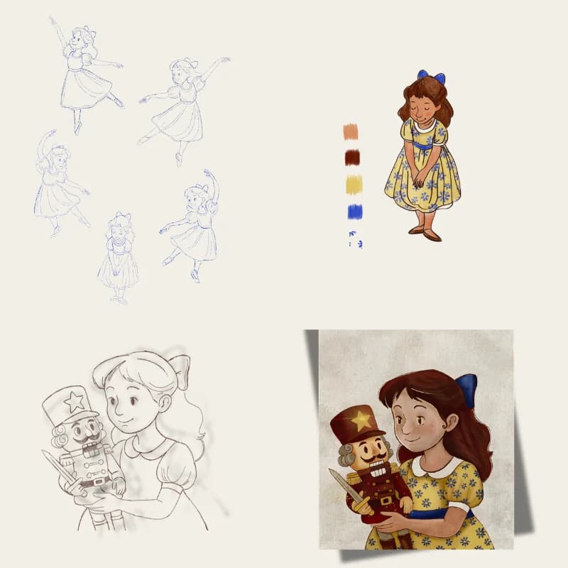 The illustration process — from initial sketches to final artwork
